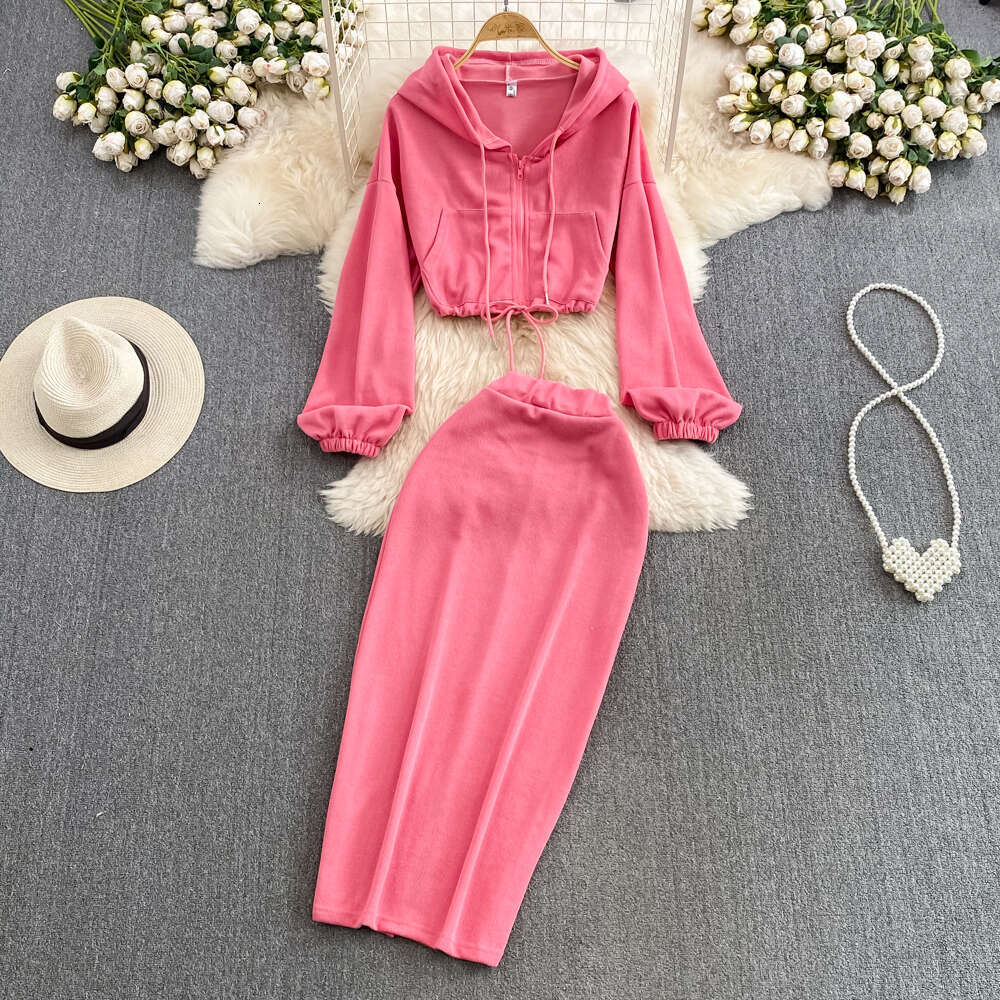 Women's fashion set, Korean zipper hooded sweatshirt jacket, two-piece set, high waist slim fit, medium length 2026