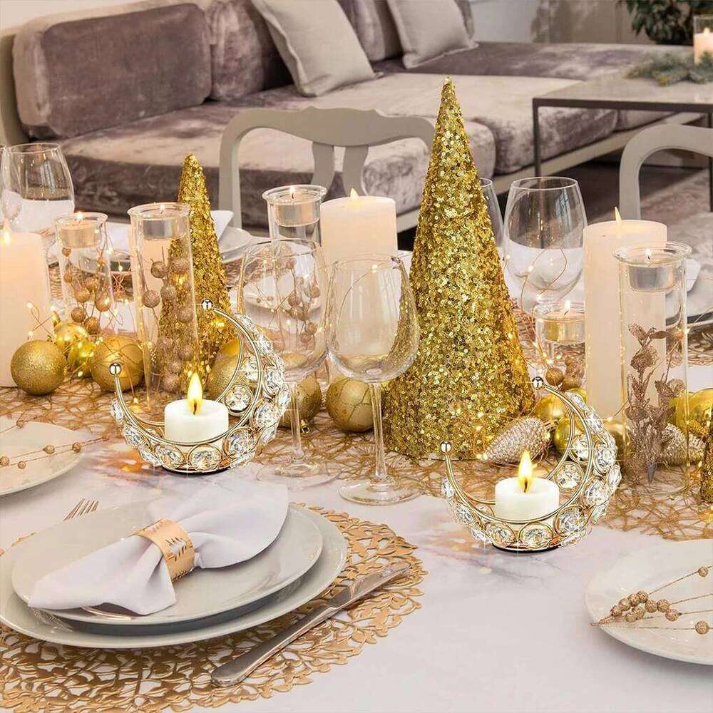 With Crystal Beads For Romantic Atmosphere Moon Holder Metal Candle Stand silvery H260310