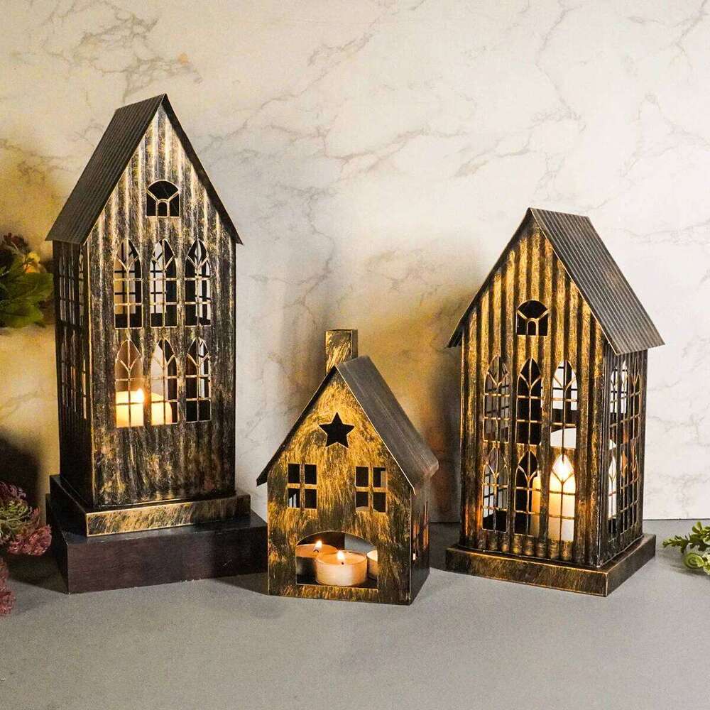 1PC House Desktop Home Holder Metal Crafts Christmas Decoration, Bedroom Patio Candle Hol H260310