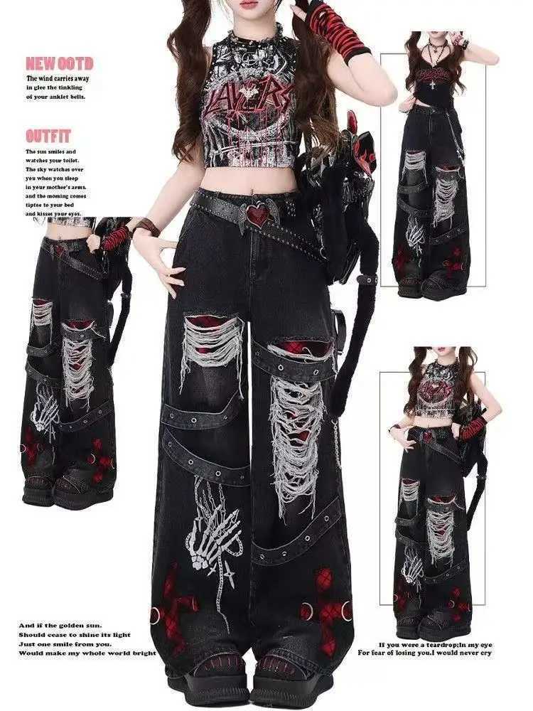 Y2K Red GoTHic Hip-Hop Hole Vintage Jeans High Street Trend American Baggy Wash Overall Belt Splicing Woman Wide-leg Pants M260310