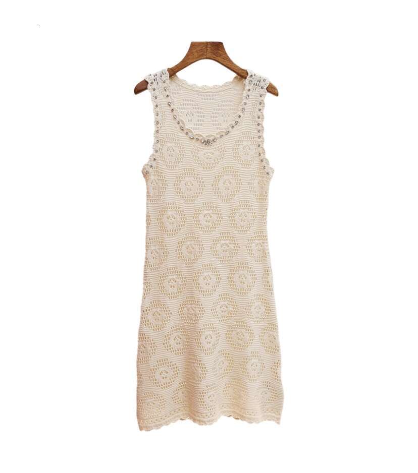2026 designer high-end women's clothing autumn new style French crochet hollow rhinestone U-neck knitted dress