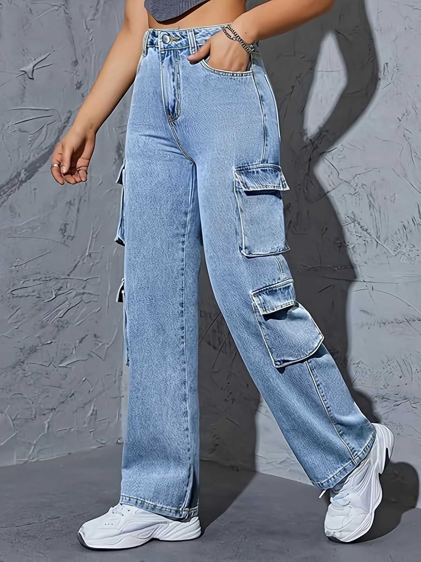 Plus Size Straight Leg Jeans for Women High Waisted Cargo Jeans for Women Stretchy Wide Leg Jean Womes Casual Baggy M260310