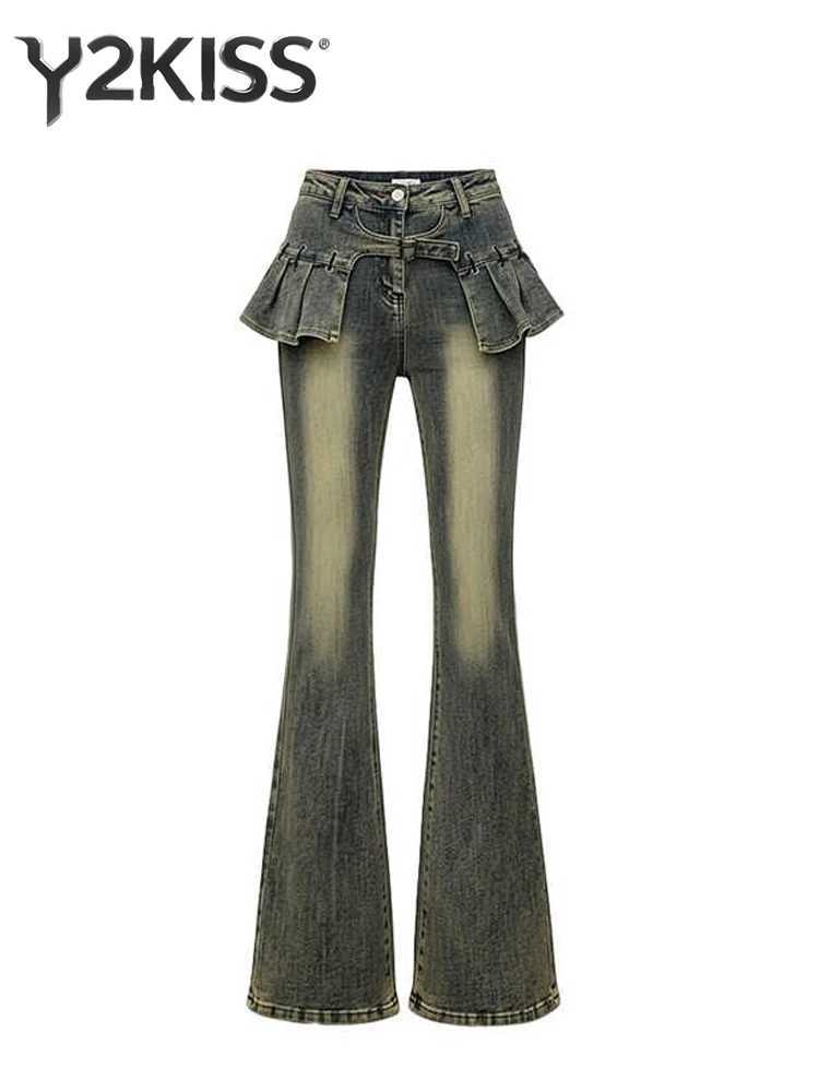 Womens Designer Jeans Bell Bottom 2000s Denim Pants Flare Jeans Long Trousers Kpop Japanese Abi Y2k Cowboy High Street M260310