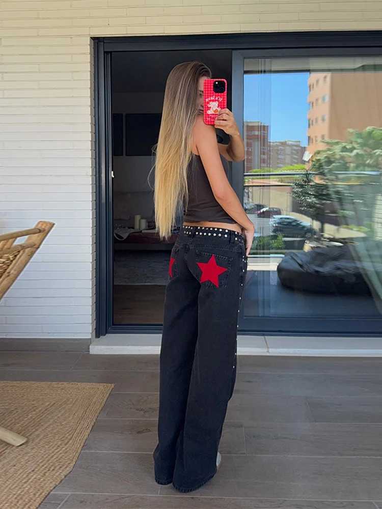 Trendy Womens Denim Jeans Pant High Waist Baggy Pants With Bead Studs Y2K Style High Street Jeans Female Casual Chic TrousersT260310