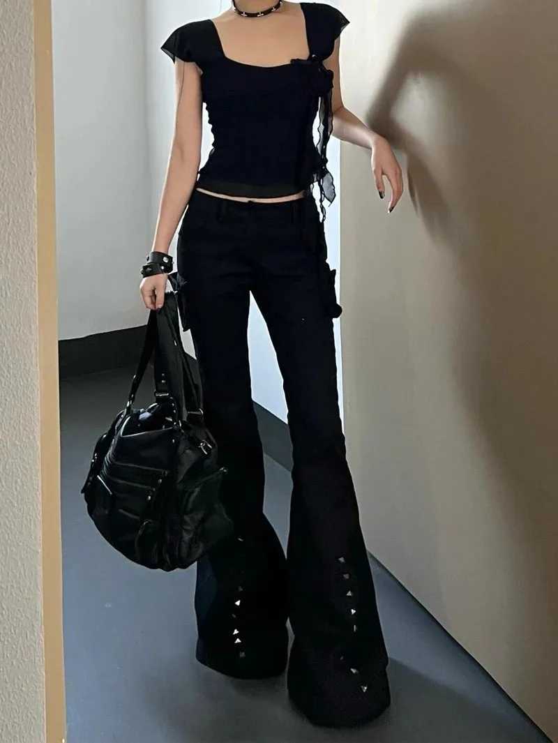 Harajuku High Waist Flared Jeans Black Kpop Retro Y2K Pants Womens Vintage Slim 2000s Skinny Denim Trouser M260310