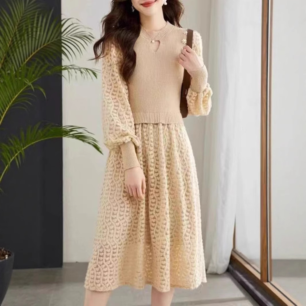 Elegant Knit Tweed Style Slimming Dress For Women Autumn/winter Slim Fit Tweed Patchwork Dresses 240824