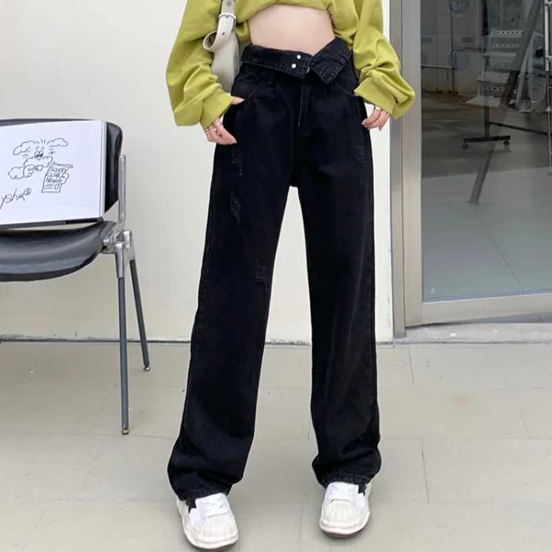 Hight Waist Denim Pant Women Jeans Vintage Straight Trousers Jeans Autumn Spring Fashion Female Black Casual Wide Leg Pants M260310