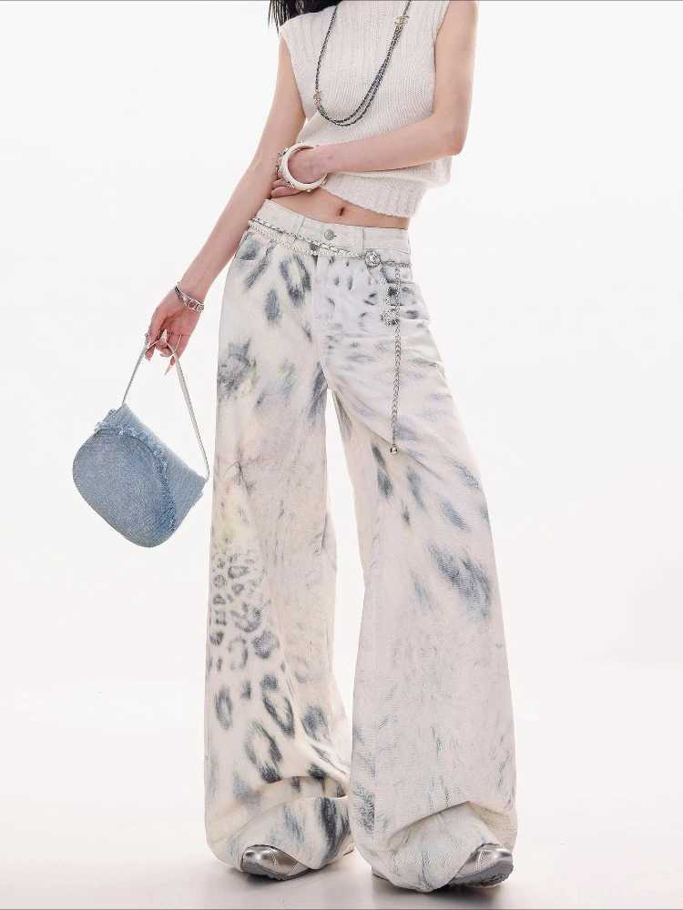 Fashion Leopard Print Jeans Women Streetwear Vintage Hippie Wide Leg Pants Female Casual Baggy Straight High Waist Jeans M260310