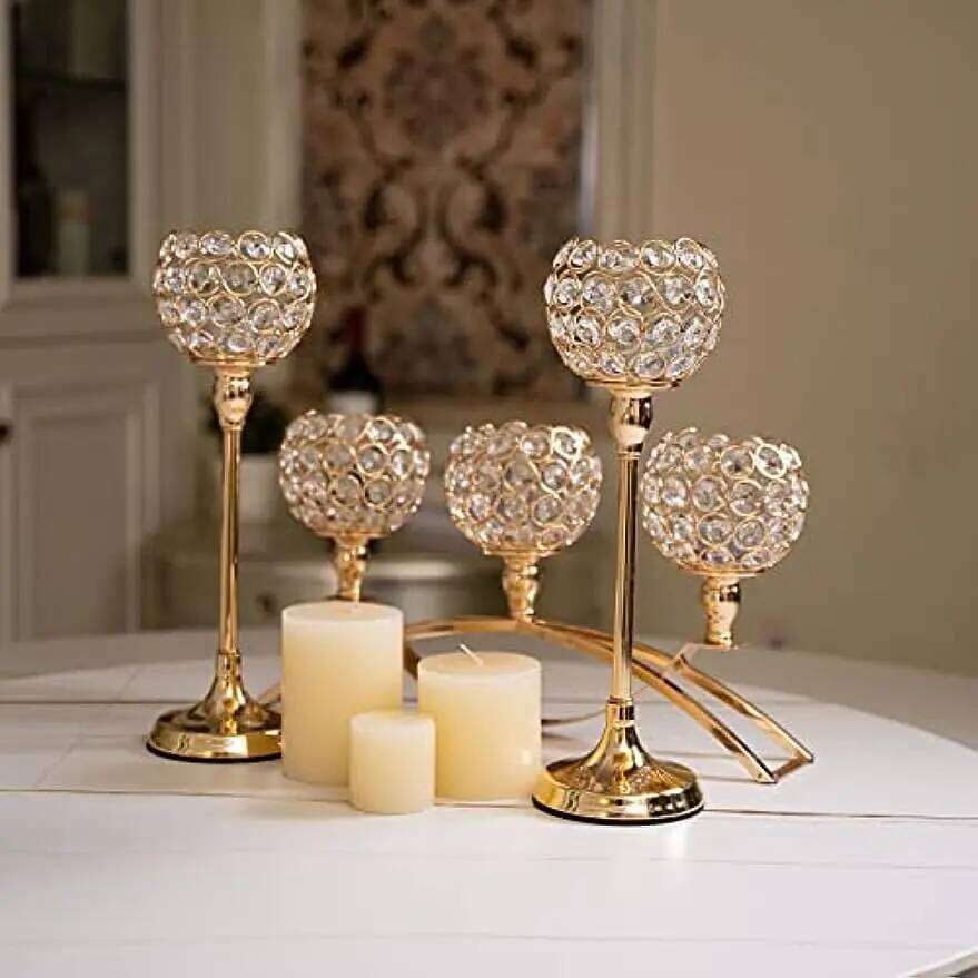 Gold Candle Holders Table Centerpieces,Tealight Candlestick, Candelabra Stand, 3 Arms for Living Room, Wedding Decor H260310
