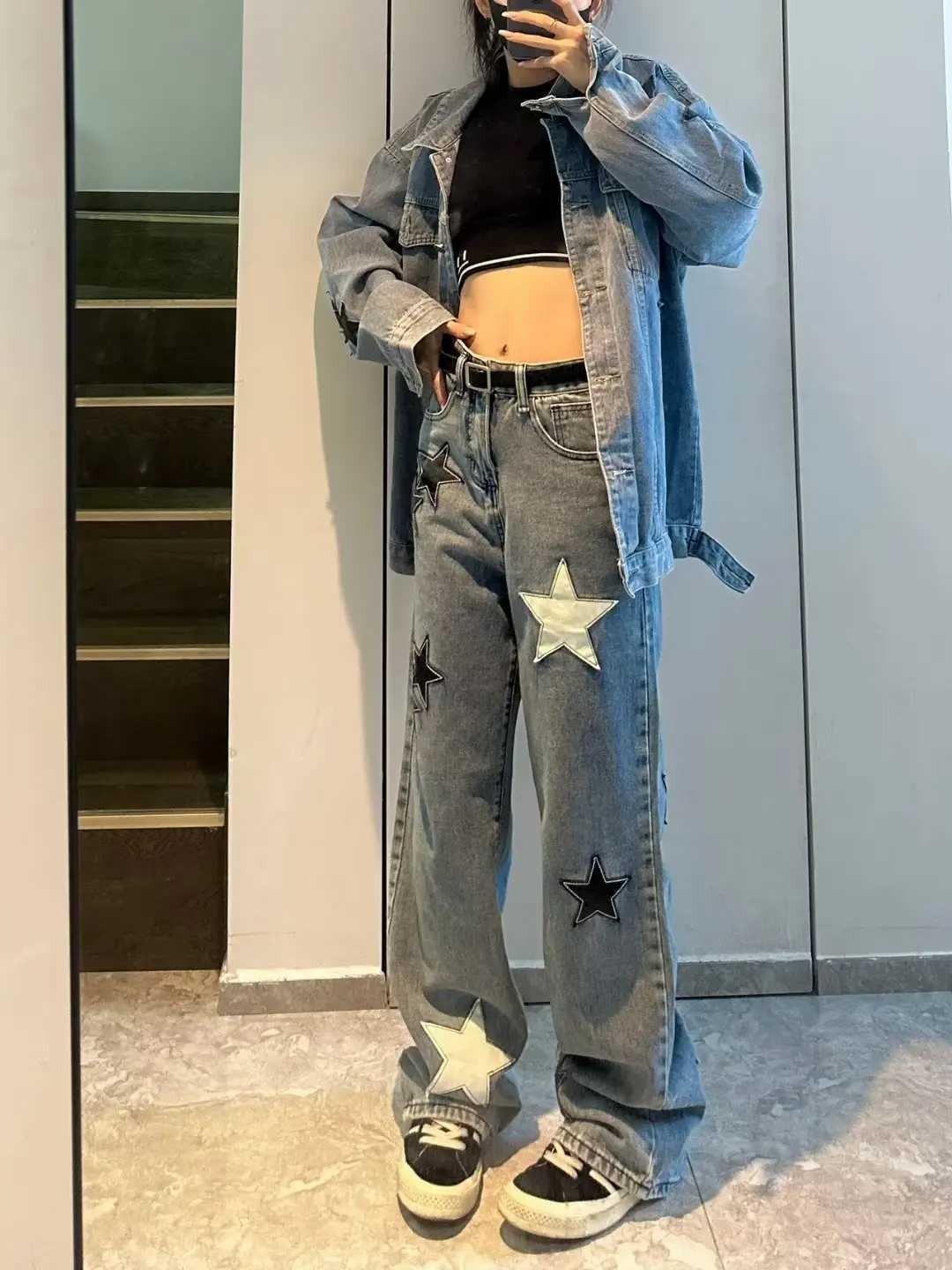 Star Print High Waist Jeans American Retro High Street Straight-leg Pants Patchwork Long Trousers Y2k Fashion Streetwear Baggy M260310