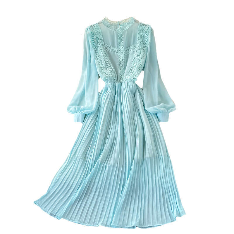 Spring and Autumn Palace Style Retro Lace Bordered Folded Chiffon Dress High Waist Elegant Slim Fit Wide Bottom