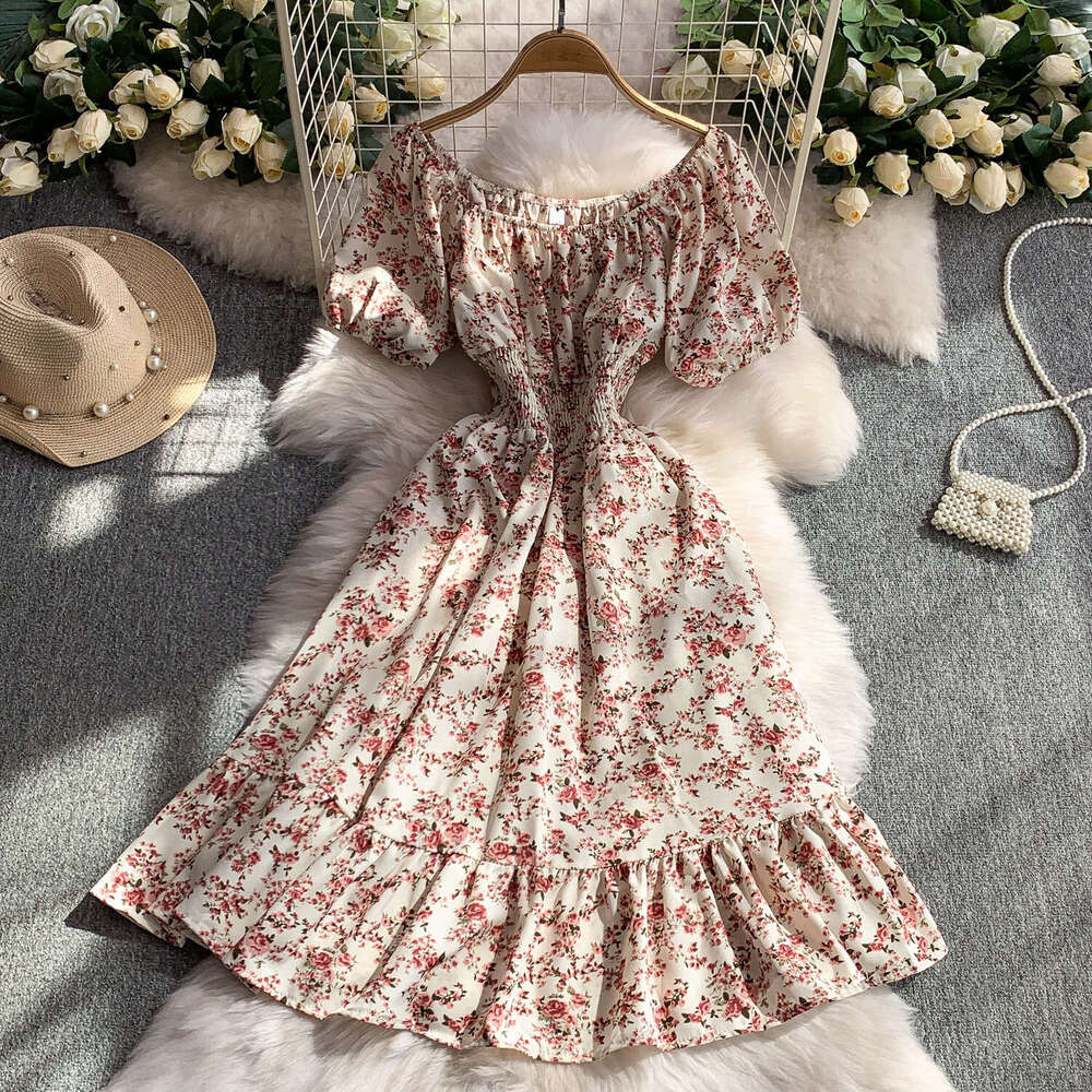 Women's designer French printed off shoulder bubble sleeve dress with summer stretch waist slimming and ruffled details