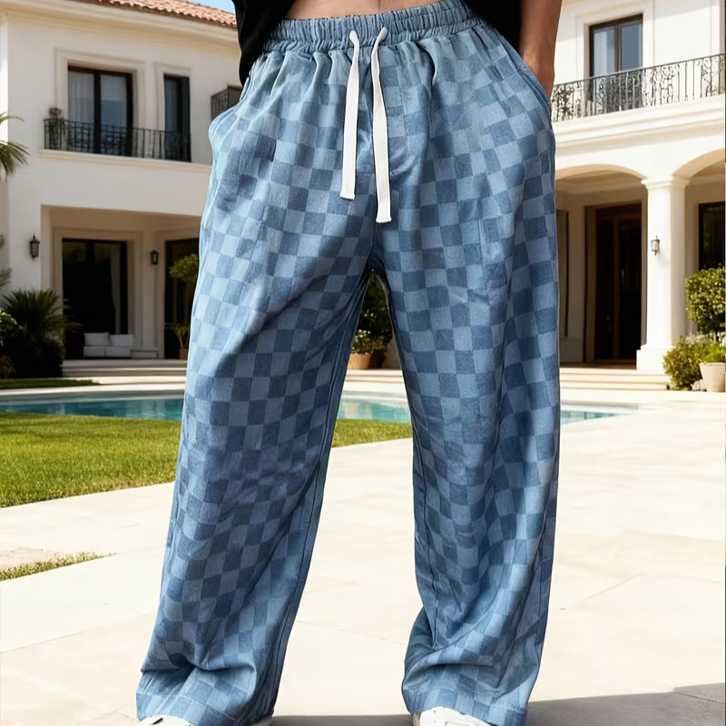 Luxury Brand Designer Clothes 2026 Hot-Selling Men's Drawstring Mid-Waist Plaid 3D Digital Print Straight-Leg Casual Beach Pants