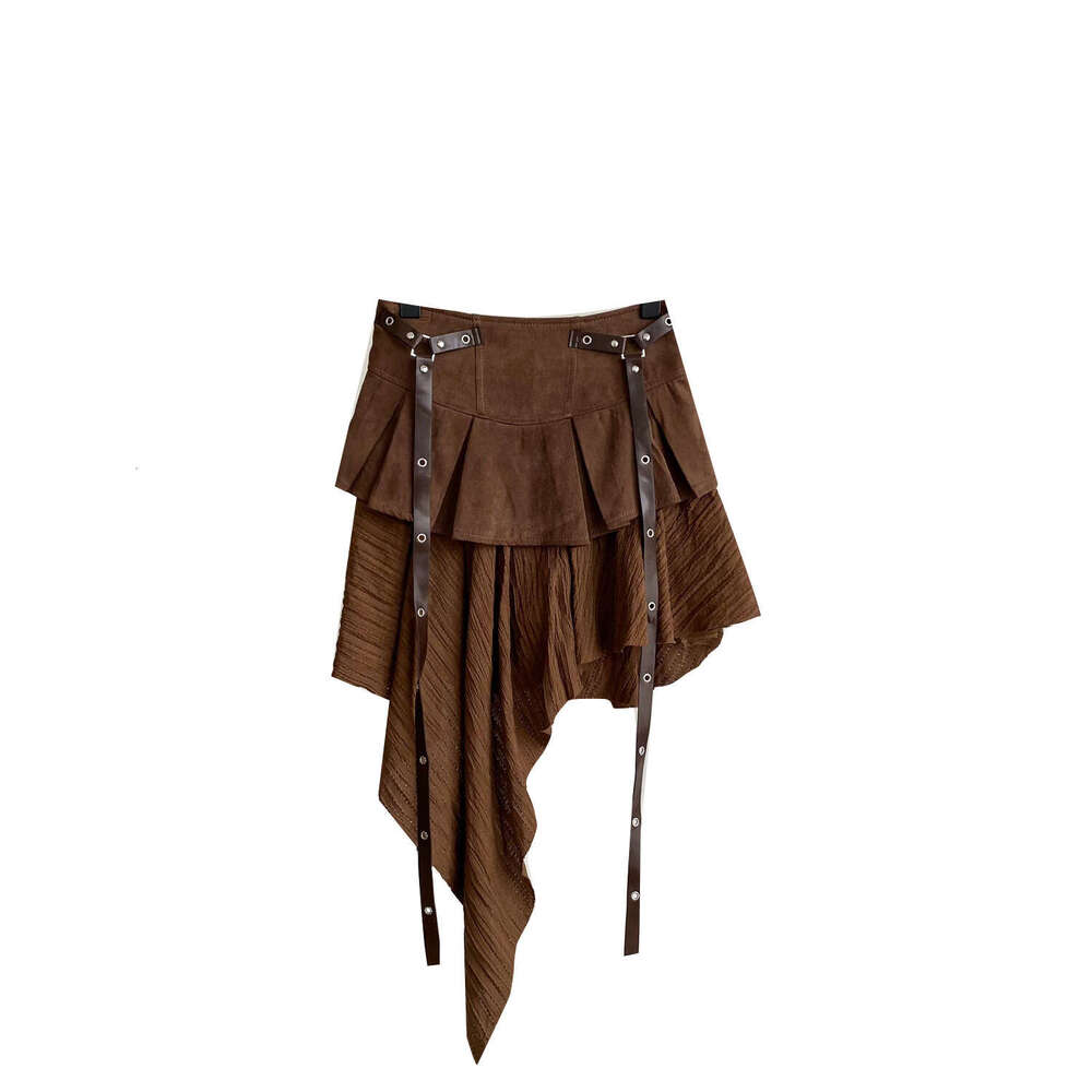 Design a niche multifunctional women's irregular skirt in 2026 autumn and winter, featuring an American retro style with a belt and ruffles