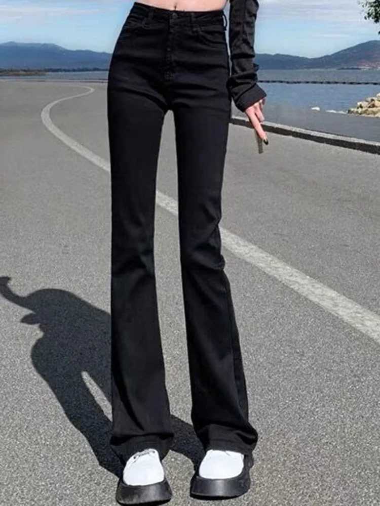 Women Korean Flare Jeans High Waist Elastic Boot Cut Pants Lady Vintage Blue BlaCK Gray Brown Denim Bell Bottom Trousers M260310