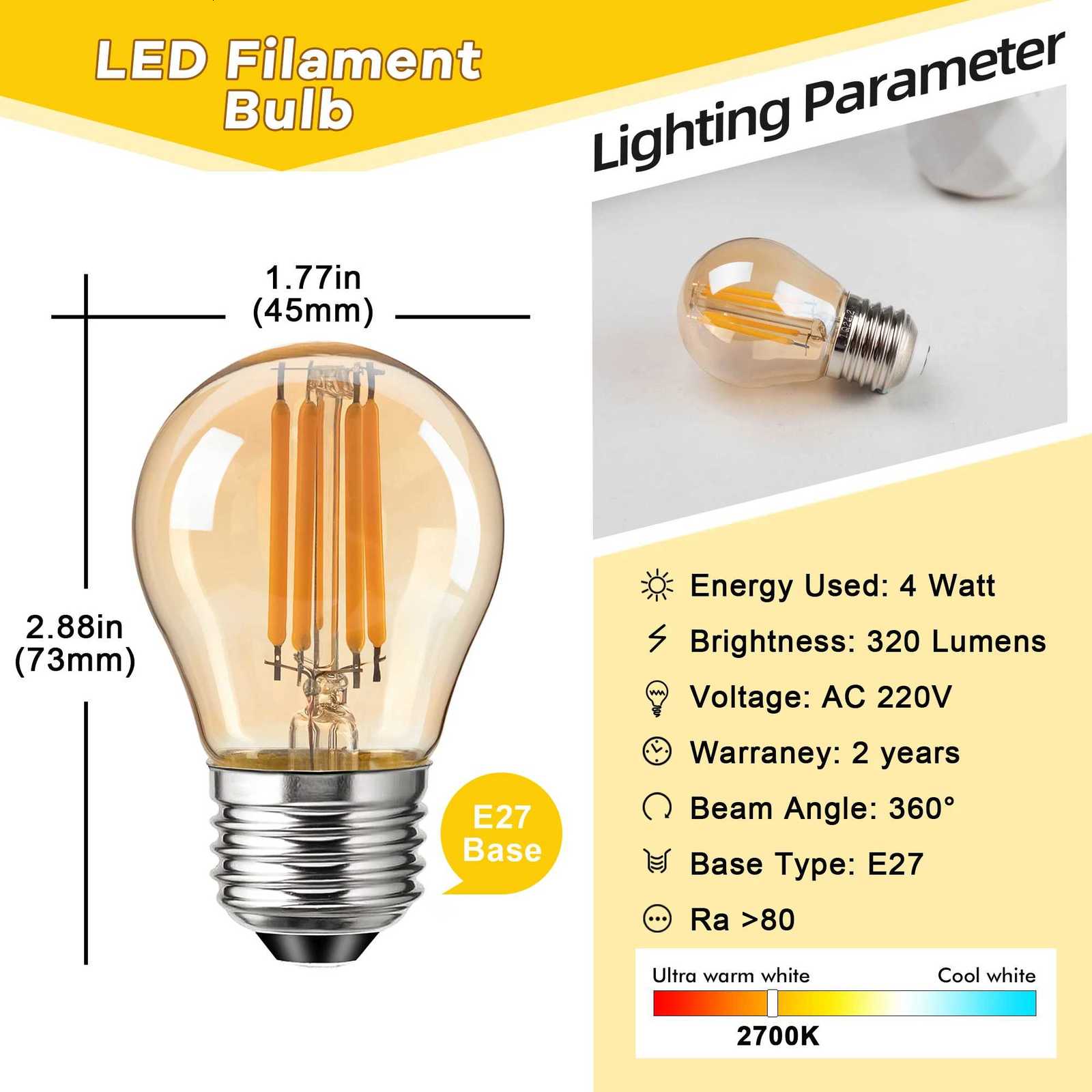 G45 4W Globe Light Bulbs Amber Glass LED Filament E27 Screw Base 220V 2700K 40W Equivalent Retro Decorative Dimmable Edison Bulb H260310
