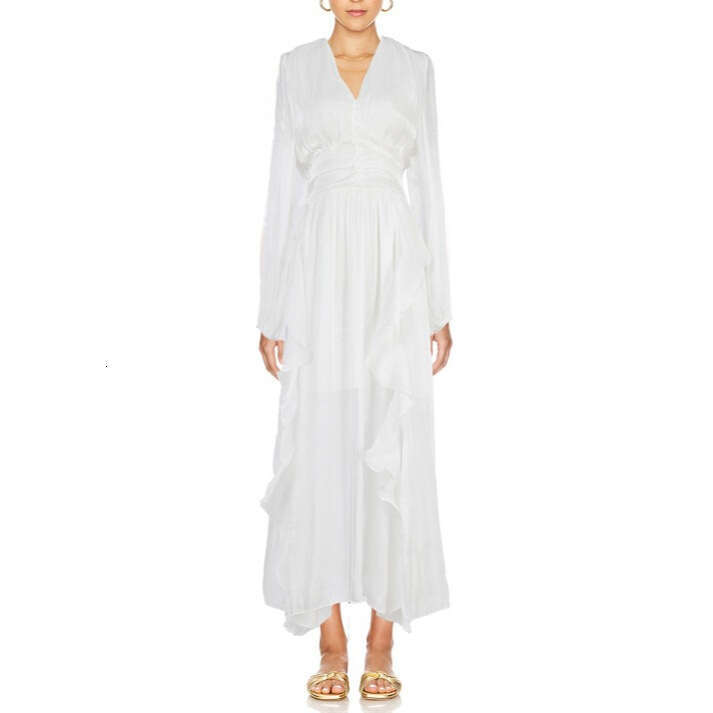 2026 new European and American niche goddess elegant and elegant solid color silk V-neck ruffled hem flowing long skirt