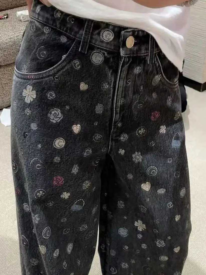 Women Fashion Style Jeans 2025 Autumn New Full Printed Floral Design All-match Casual Straight PantsT260310