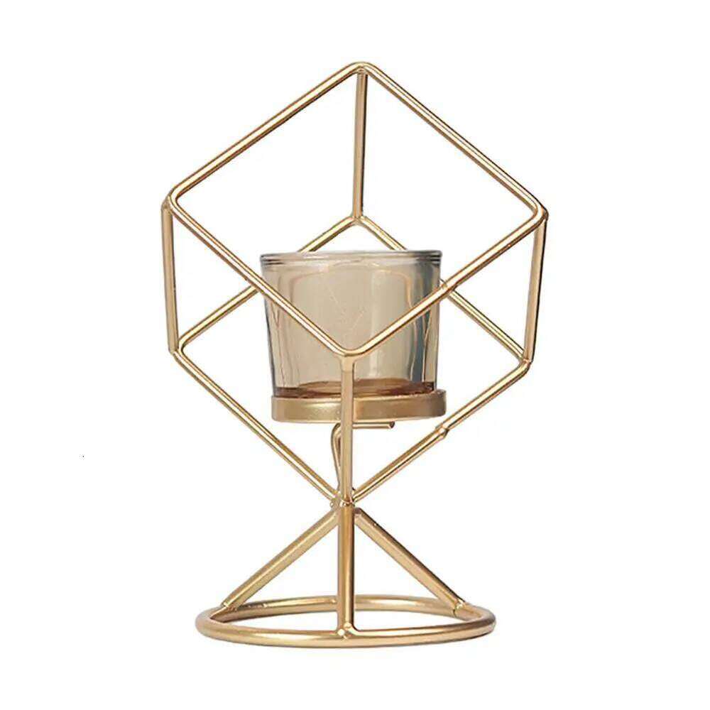 Holder with Glass Cup Geometry Iron Art Nordic Style Creative Candle Stand Table Ornament for Party Home Decoration H260310