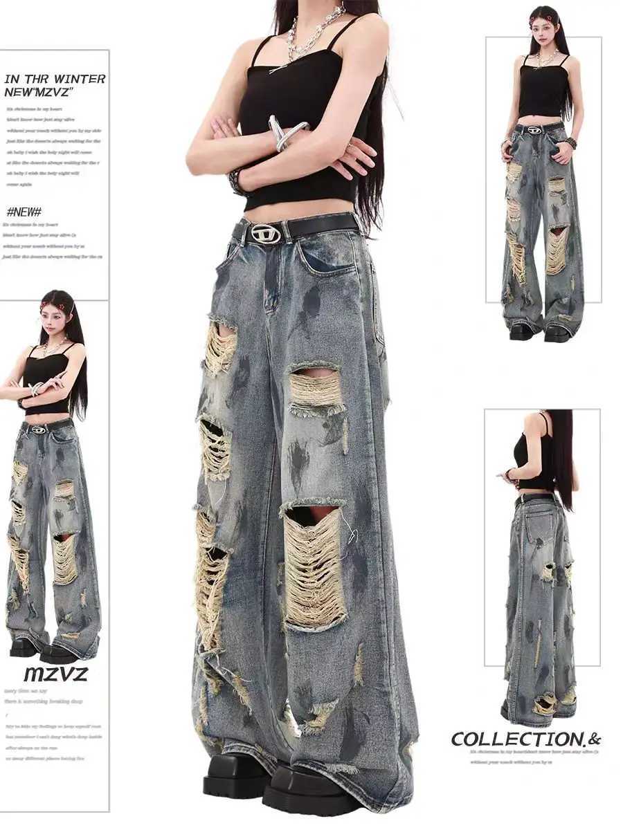 Oversize Blue Ripped Old Hot Y2k American RETRO High Waist Fashion Men And Women Hip Hop Straight Loose Wide Legs Jeans M260310