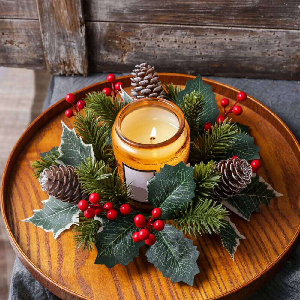 Christmas Candle Ring Pine Needle Garland Candlestick Holder Xmas Wreath Ornament for Festival Home Dining Table Decor H260310