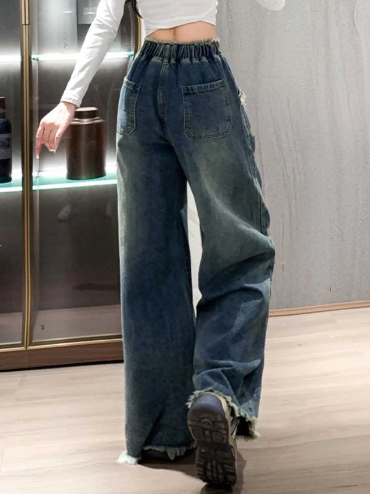 Women Plus Size L-6XL Spring New Foreign-style Embroidery Elastic Waist High Waist Floor Pants Loose Comfortable Wide-leg Jeans M260310