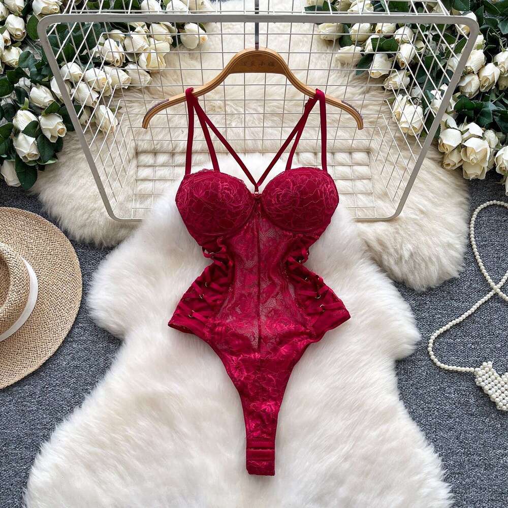 European and American women's fashion pure desire spicy girl lace backless suspender jumpsuit with shoulder strap tight corset