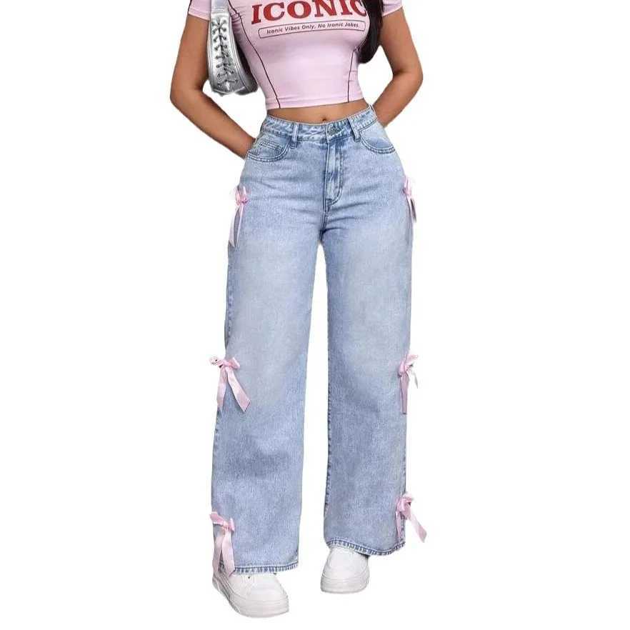Women Jeans Wide Leg Pants Bow Washed High Waist 2025 Streetwear Denims Distressed Vintage Straight Ankle Length Trousers M260310