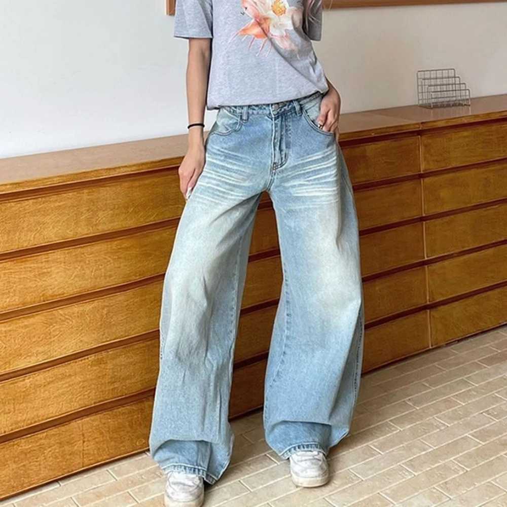 Relaxing high waisted curved knife jeans for womens spring and autumn new trend American loose wide leg mopping jeans trend M260310