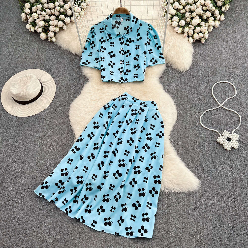 Women's Fashion Set Bubble Sleeve Top Short Sleeve Two Piece Set High Waist Printed A-line Skirt 2026