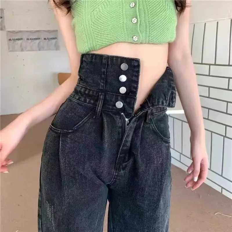 Hight Waist Denim Pant Women Jeans Vintage Straight Trousers Jeans Autumn Spring Fashion Female Black Casual Wide Leg Pants M260310