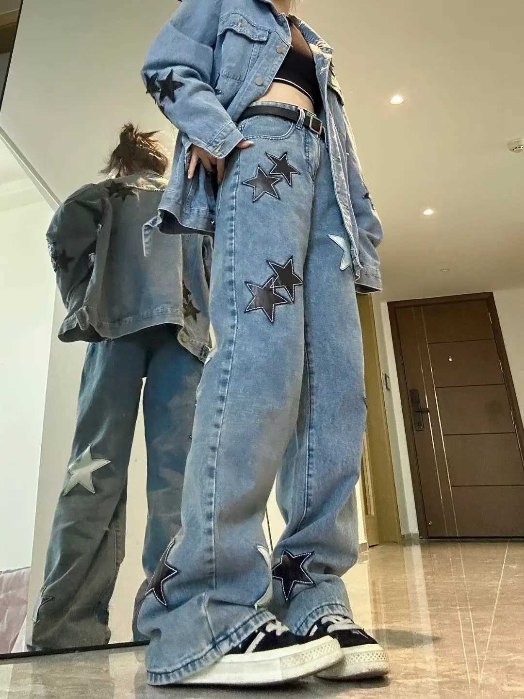 Star Print High Waist Jeans American Retro High Street Straight-leg Pants Patchwork Long Trousers Y2k Fashion Streetwear Baggy M260310
