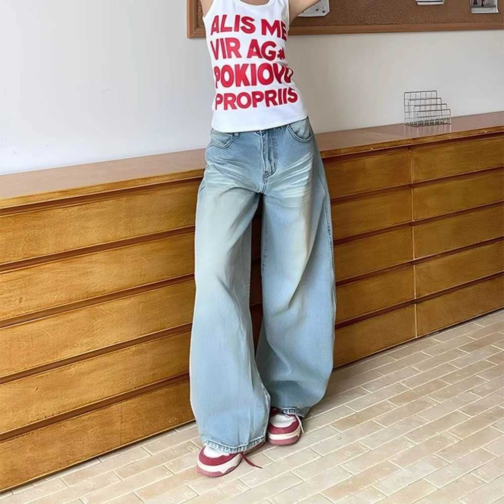 Relaxing high waisted curved knife jeans for womens spring and autumn new trend American loose wide leg mopping jeans trend M260310