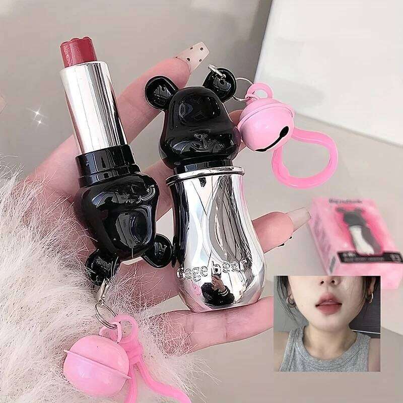 Velvet Matte With Cute Keychain Bear Paw Design, Highly Pigmented Black Tube Lipstick For Students & Daily Makeup Z260310