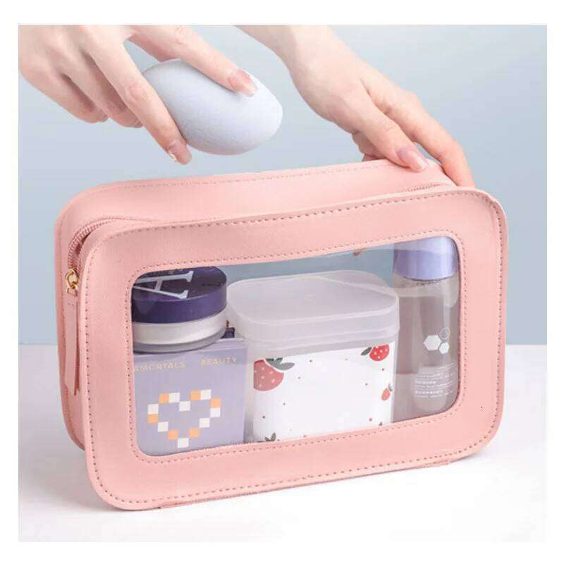 LUSQI Minimalist Transparent PVC Waterproof Cosmetic Leather Makeup Travel Portable Toiletry Bag XJ260310