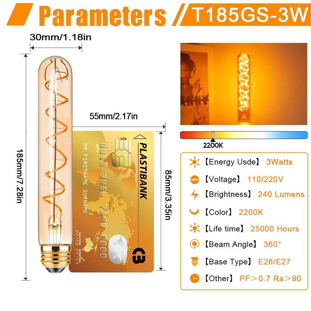 T185 Spiral Filament LED Light E26 E27 Edison Tubular Light Bulb 30 Watt Equivalent 3W 2200K Warm White Retro Amber Glass Bulbs H260310