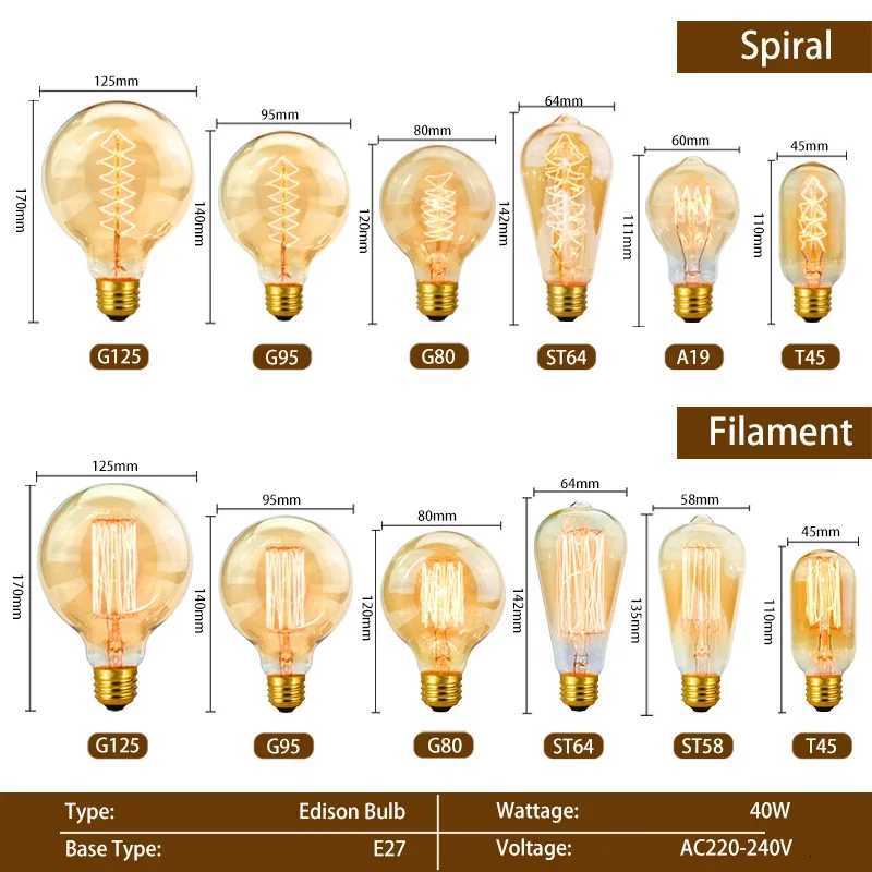 Retro Edison Light Bulb E27 220V 40W A19 A60 T10 T45 T185 ST64 G80 G95 Filament Vintage Ampoule Incandescent Bulb Edison Lamp H260310