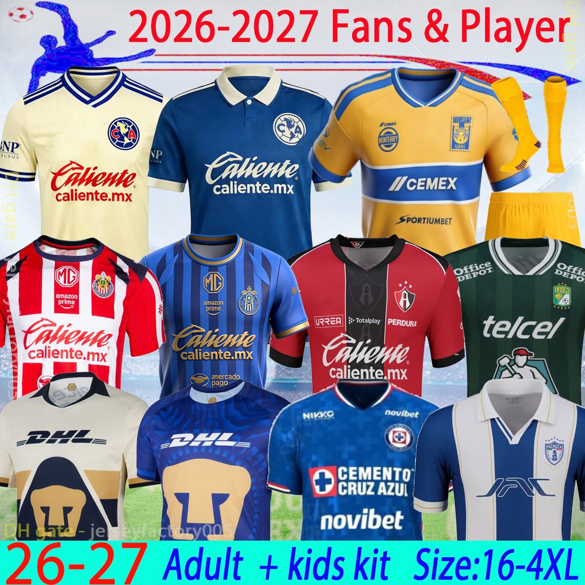 Liga MX 26 27 Tigres UANL Soccer Jerseys 2026 Chivas de Guadalajara Club America Cruz Azul adult kids kits VARGAS Home away Tercer Mexico Pizarro Football kit 16-4XL