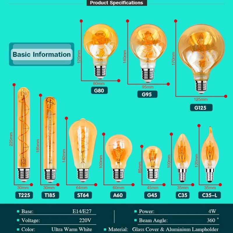 10pcs Vintage LED Edison Bulb E27 E14 4W AC 220W Dimmable C35 A60 ST64 G95 Spiral Filament Light Bulb Retro Lamp Indoor Decor H260310