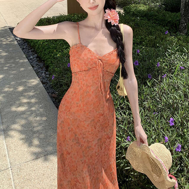 2026 Spring and Summer New Designer Flower Festival Long Skirt with Waist and Lovely Orange Tank Top Dress