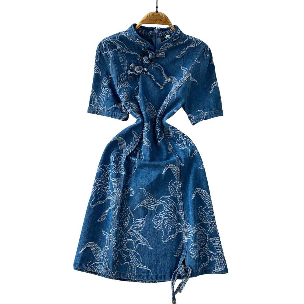 Women's retro button up collar dress, summer high-end jacquard slim fit youth improved cheongsam 2026