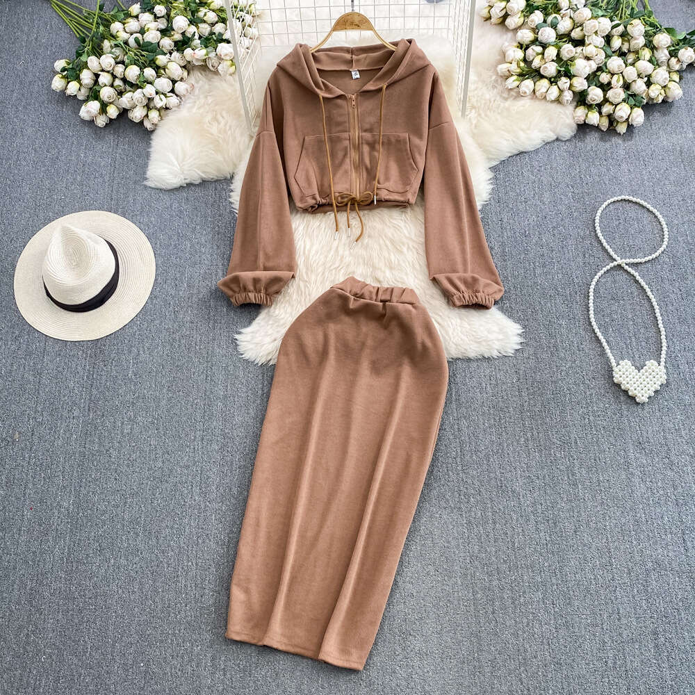 Women's fashion set, Korean zipper hooded sweatshirt jacket, two-piece set, high waist slim fit, medium length 2026