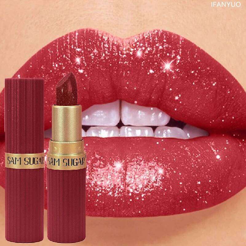 Diamond Shiny Velvet Matte Lipstick Glitter Shimmer Pearlescent Sexy Red Tint Non-Stick Lip Stick High Pigment Lips Cosmetic Z260310