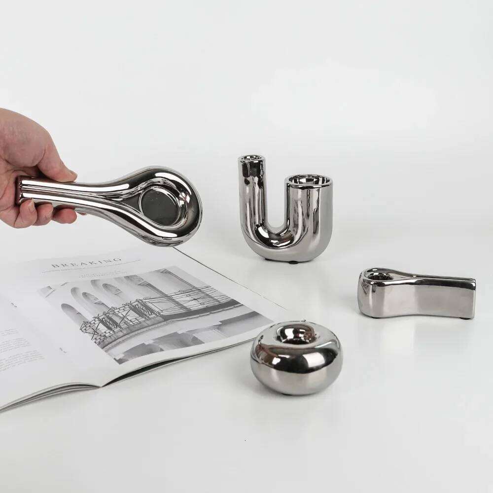 Luxury Electroplating Silver Candlestick Holder,Modern Living Room Office Art Decoration,Creative Ceramic Cylinder Candle Holder H260310