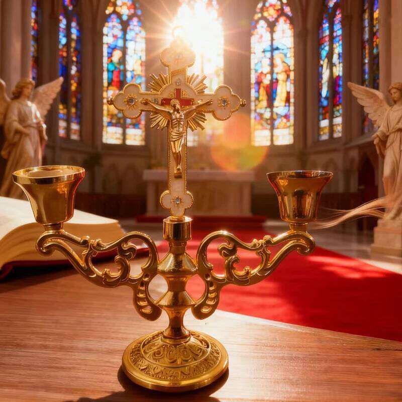 Christian Catholic Sacred Crucifix Table Stand Candlestick with Handle Metal Tabletop Candle Holder Home Furnishing Desk Gift H260310