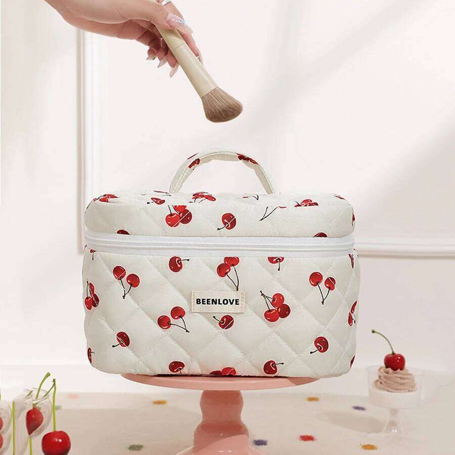 Cute Cherry Printed Cosmetic Quilted Organiser Women's Zipper Flower Cotton Travel Wash Portable Toiletry Bag XJ260310