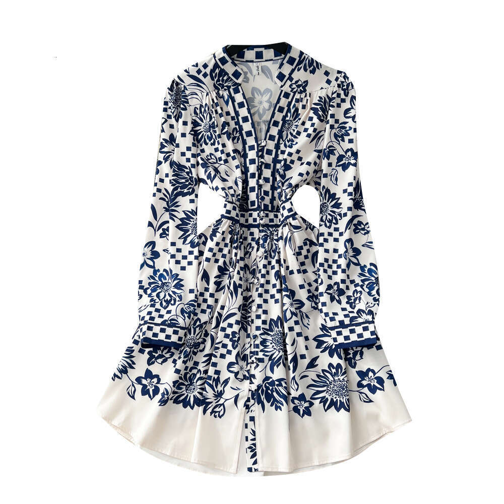 Cross-border French retro court style V-neck waist-cinching long-sleeve printed for women, autumn high-end slimming elegant A-line dress