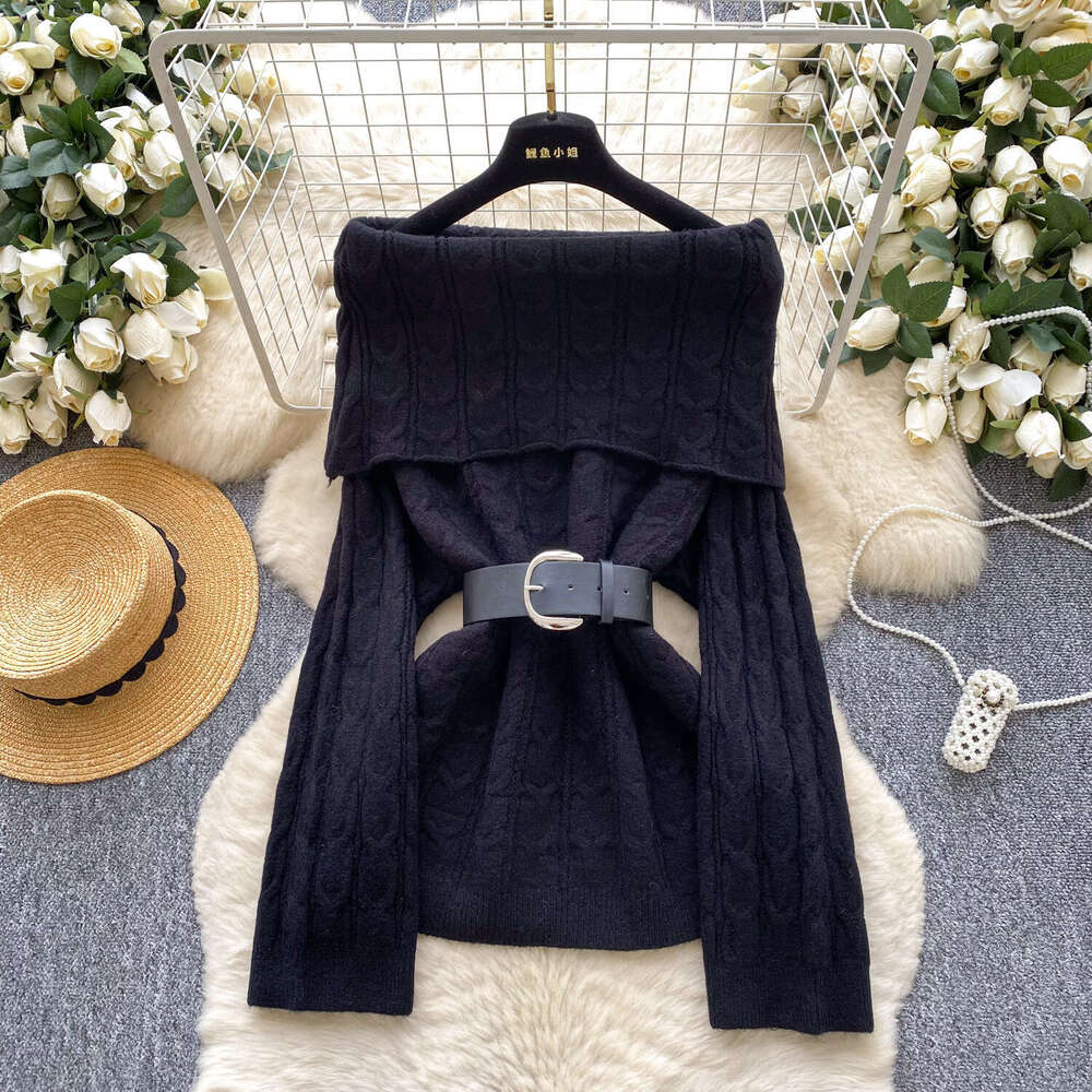 Casual style off shoulder knitted women's top 2026 autumn and winter fashion lace up waist multifunctional mid length design