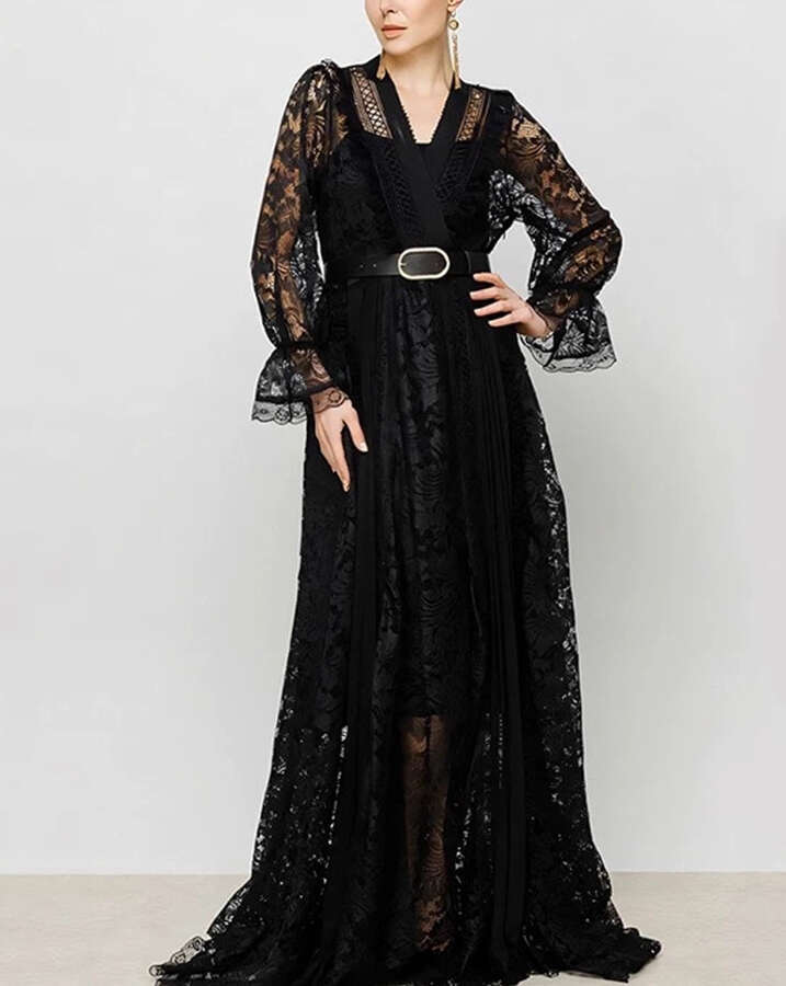 2026 Spring and Summer European and American Fashion Goddess Sexy Lace Transparent Splicing Wrinkle Two Piece Set Tassel Long Dress