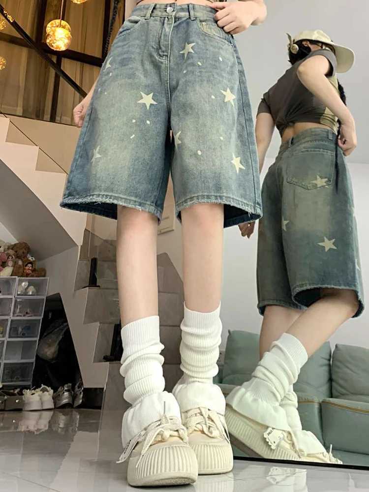 Women High Waist American Retro Washed Wide Leg Jeans Girls Street Do Old Star Loose Denim Pants Female Blue Knee Length Shorts M260310